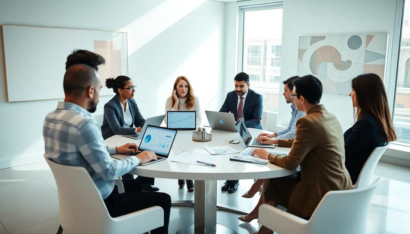 diverse team collaborating on data analysis in a modern office.