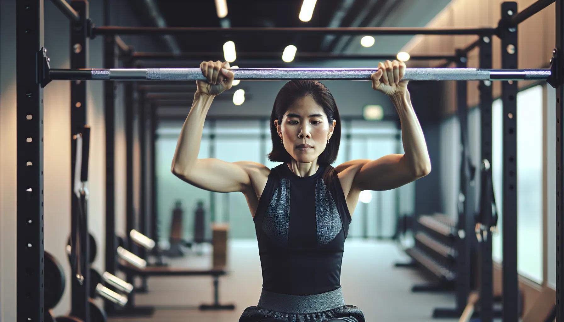 A person performing a pull-up in a gym.
