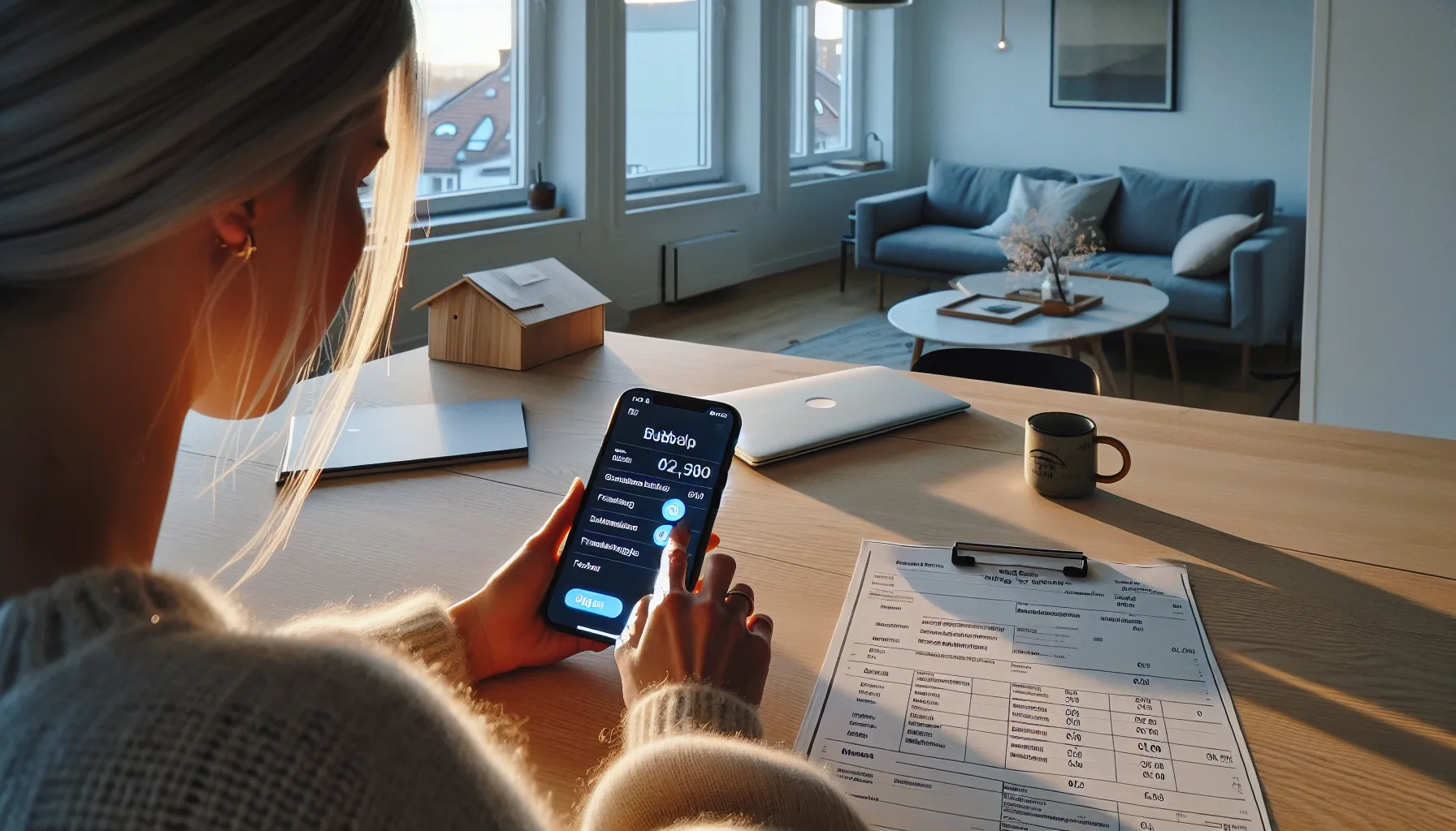 Norwegian buyer submits digital property bid via bankid at home table.