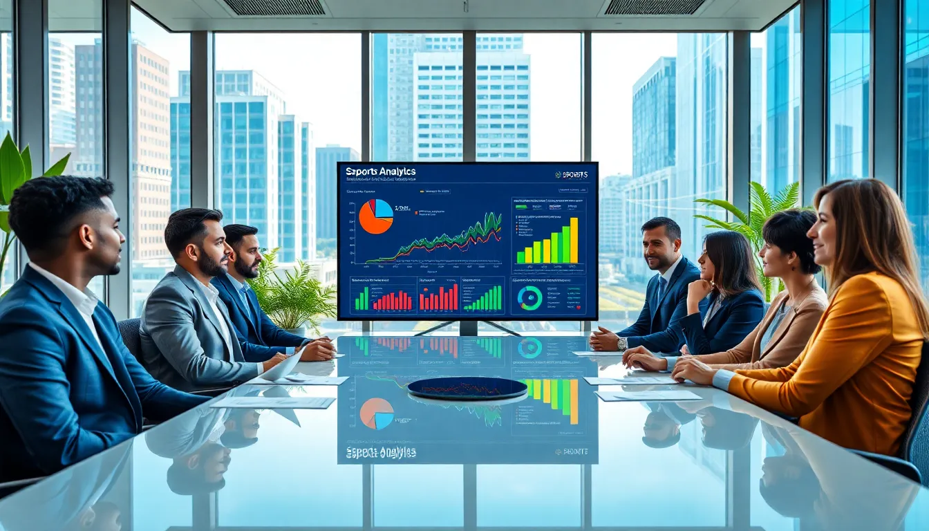 professionals discussing sports analytics in a modern conference room.