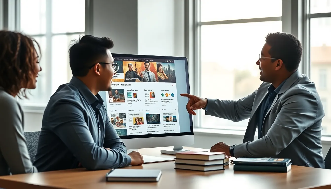 professionals discussing gaming guides in a modern office.