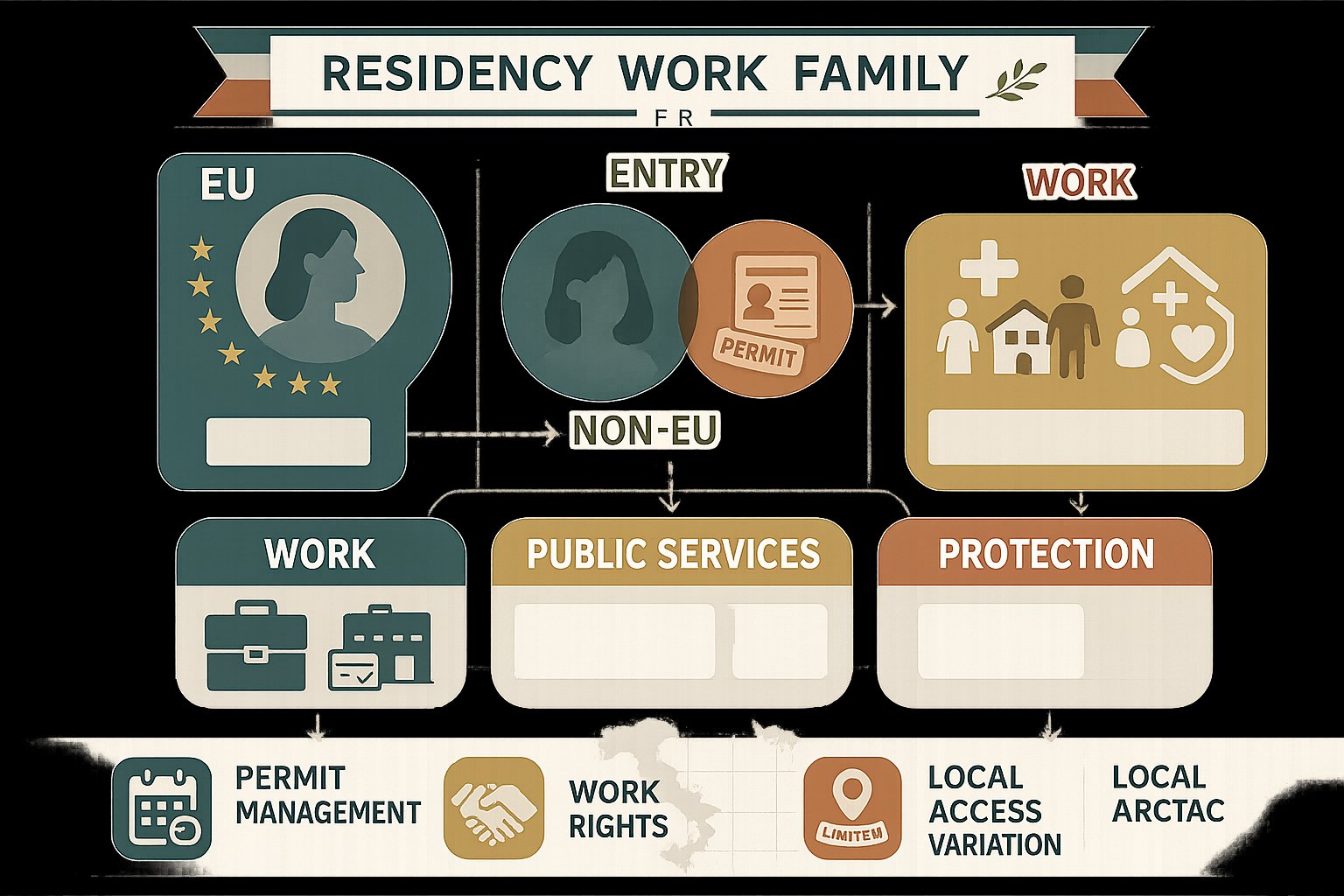 Infografica che mostra i diritti di residenza, lavoro e famiglia per le donne straniere in Italia.