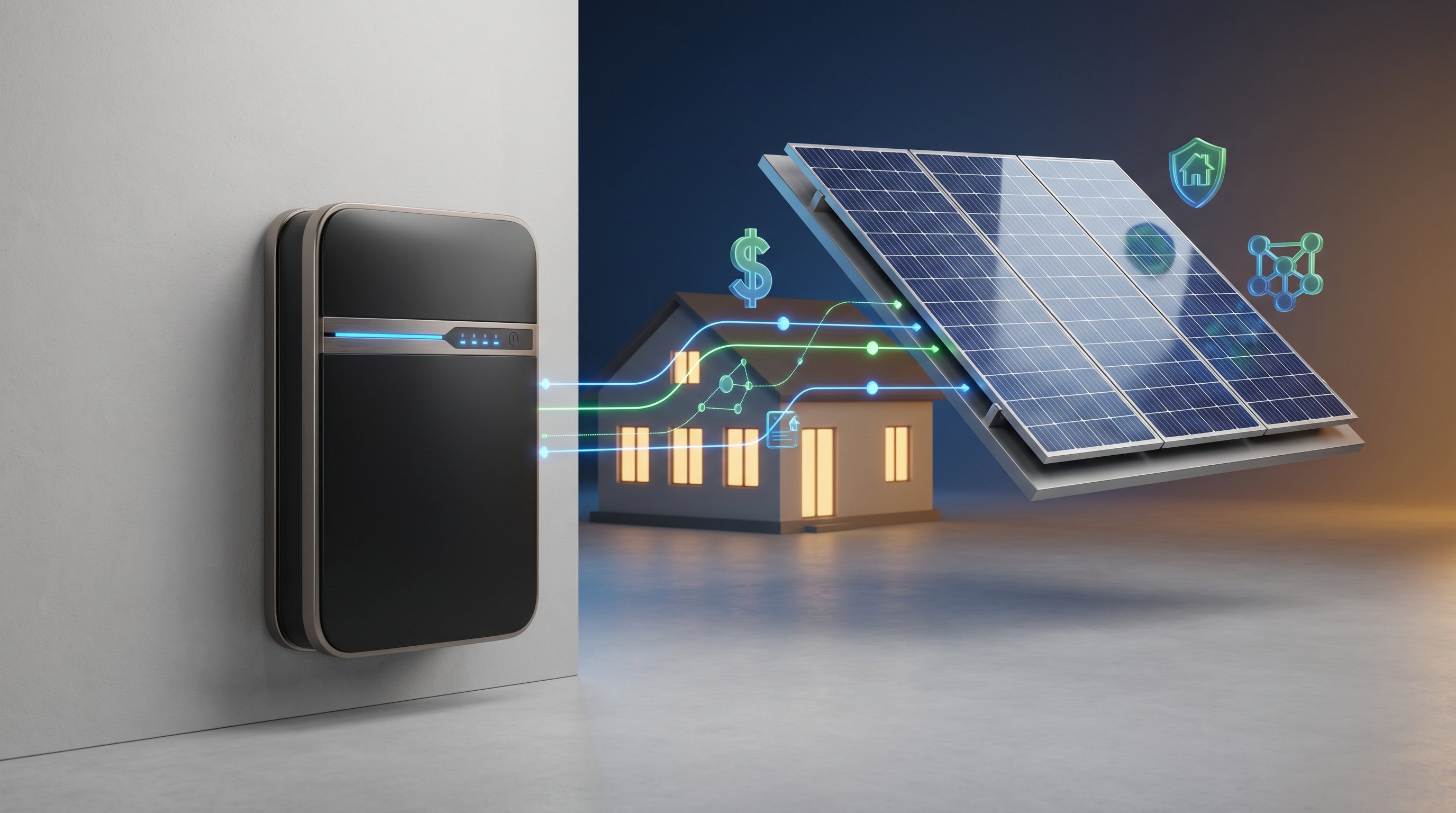 3D render of integrated home solar panels and battery storage system with energy flow visualization.