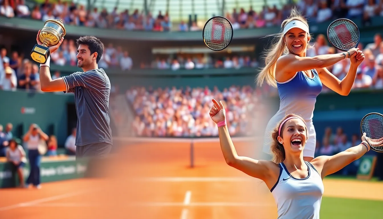 Montage of tennis highlights featuring top male and female players.