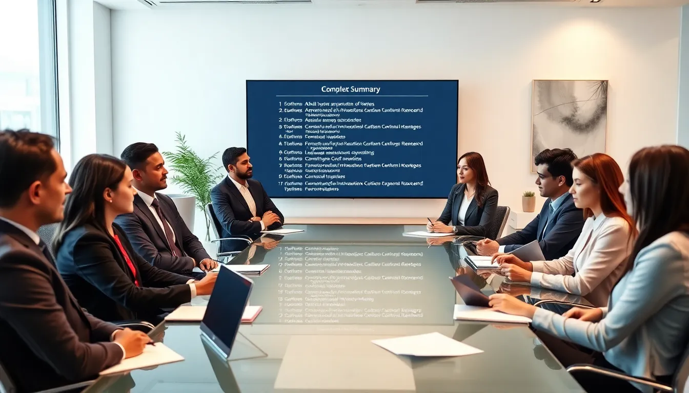diverse team discussing summarized complex information in a modern office.