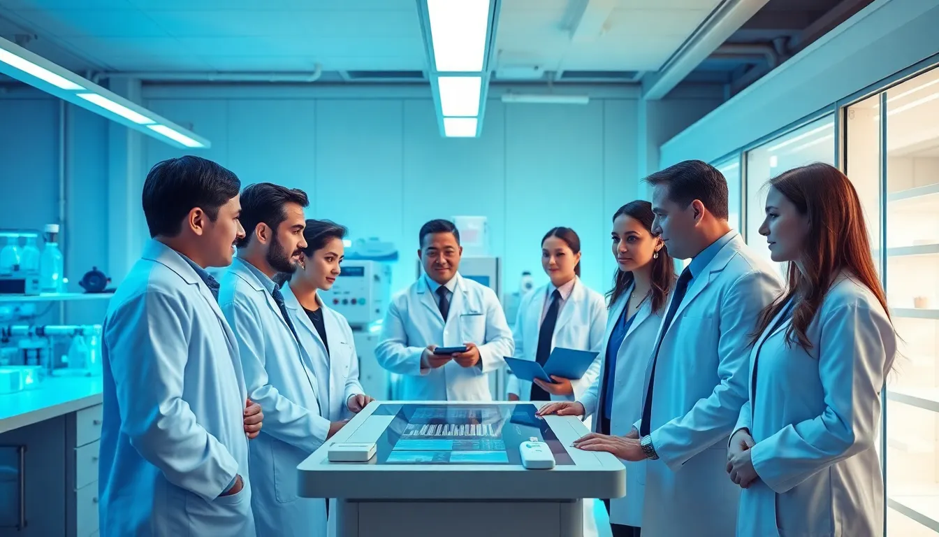 diverse professionals collaborating in a modern biotech lab.
