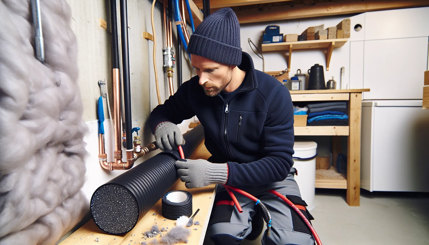 Norwegian plumber fitting epdm insulation, comparing materials in a winter basement.