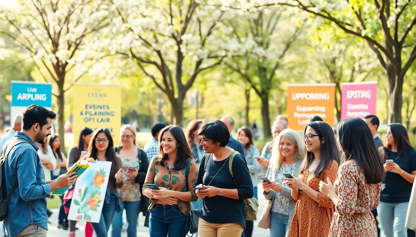 diverse people engaging in a community gathering in an urban park.
