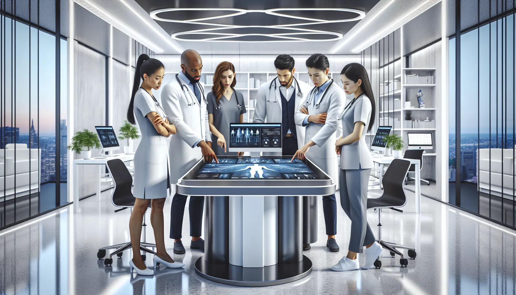 diverse healthcare professionals using technology in a modern medical office.