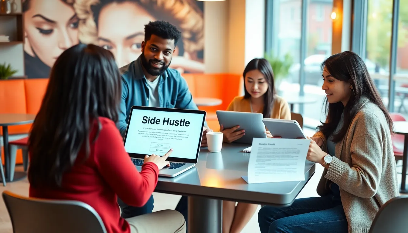 College students discussing side hustle ideas in a modern coffee shop.