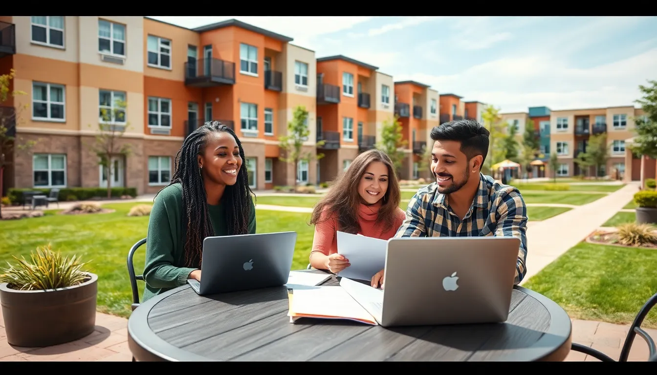 students on an outdoor patio discussing studies at Jackson State housing.