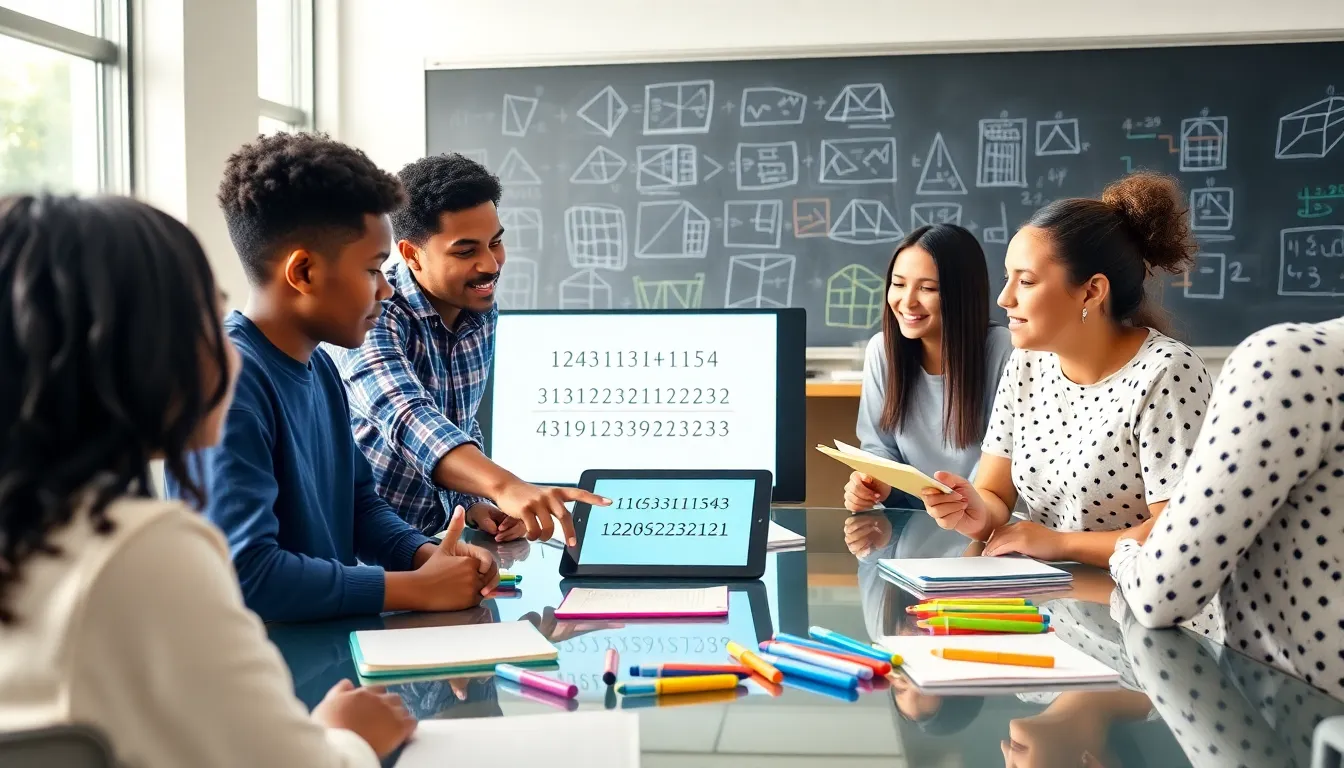 diverse students collaborating on number patterns in a classroom