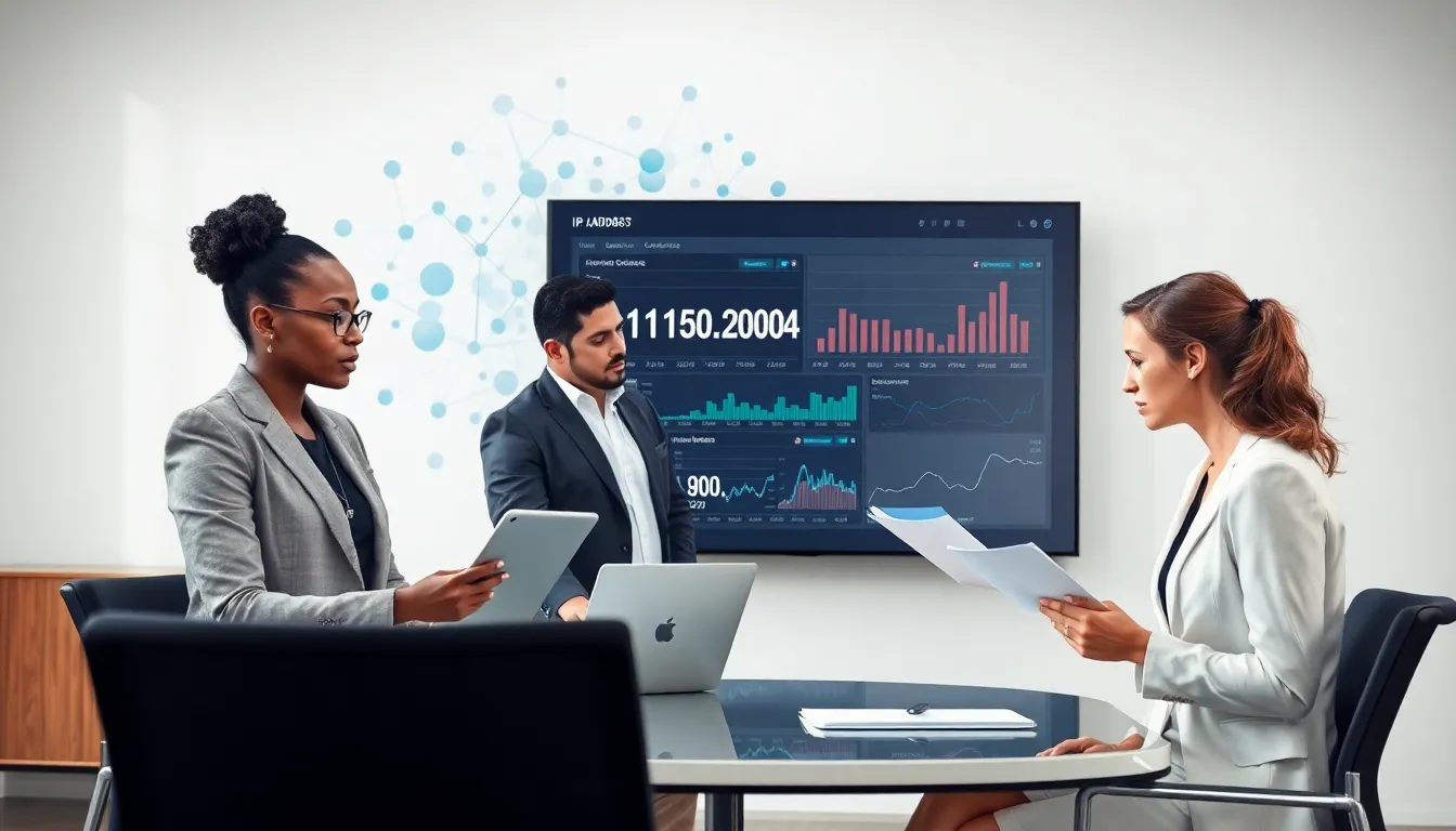 diverse team discussing networking data in a modern office.