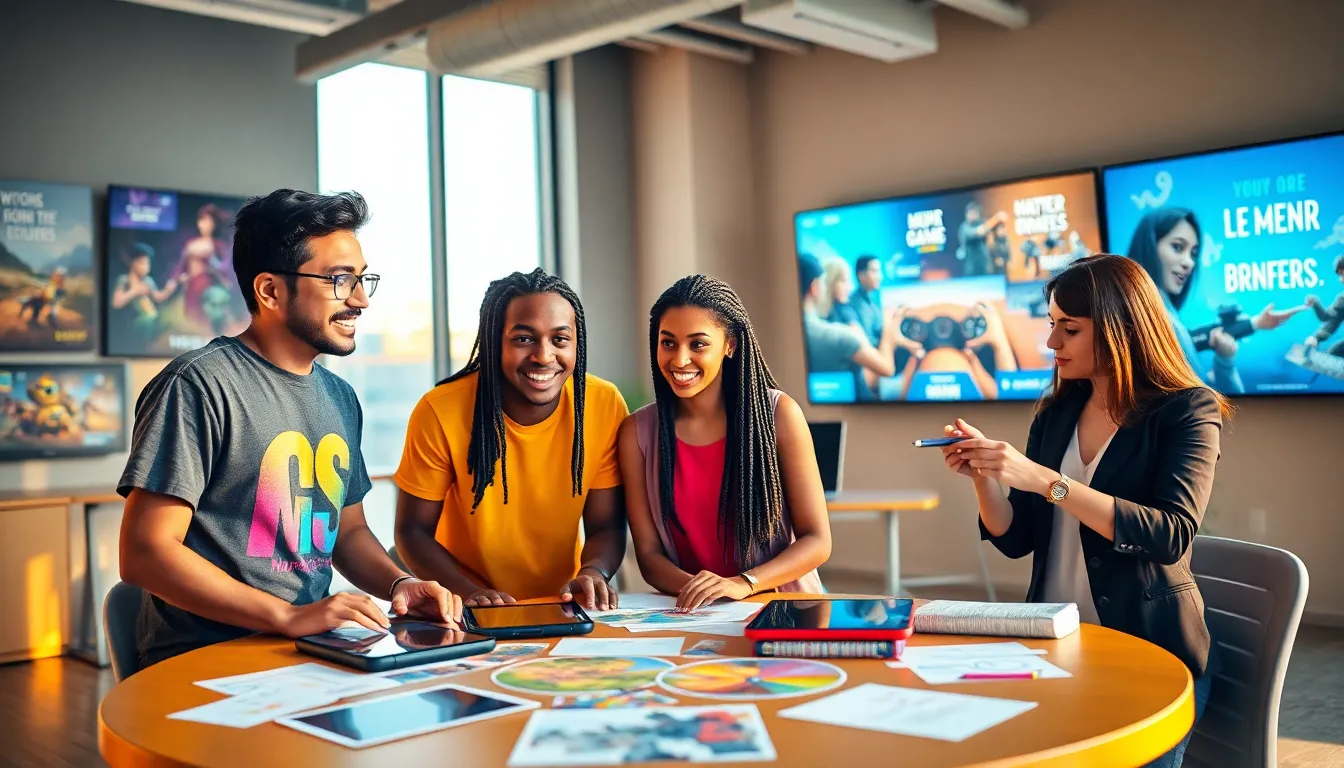 a diverse team collaborating in a modern gaming office.