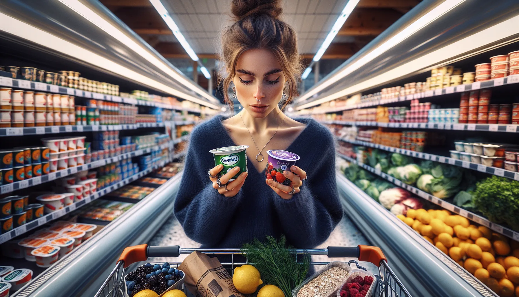 Norwegian shopper compares yogurt labels, choosing heart-healthy options in a supermarket.