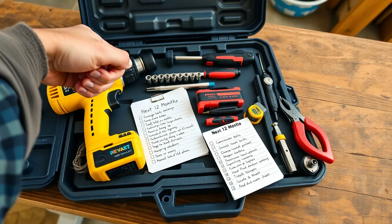 open tool kit with drill, hammer, sockets on a garage workbench