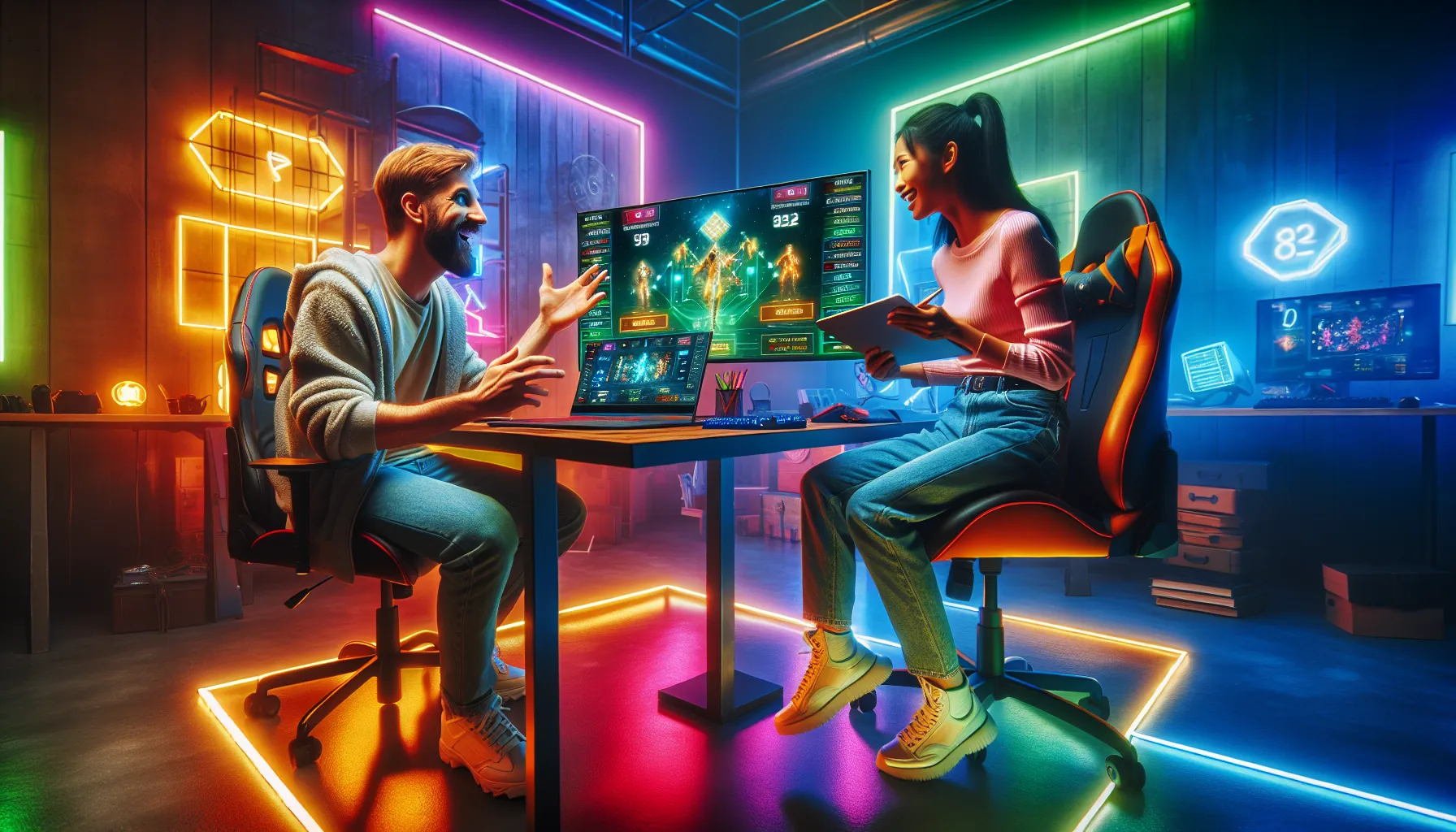 diverse gamers collaborating in a modern gaming environment.