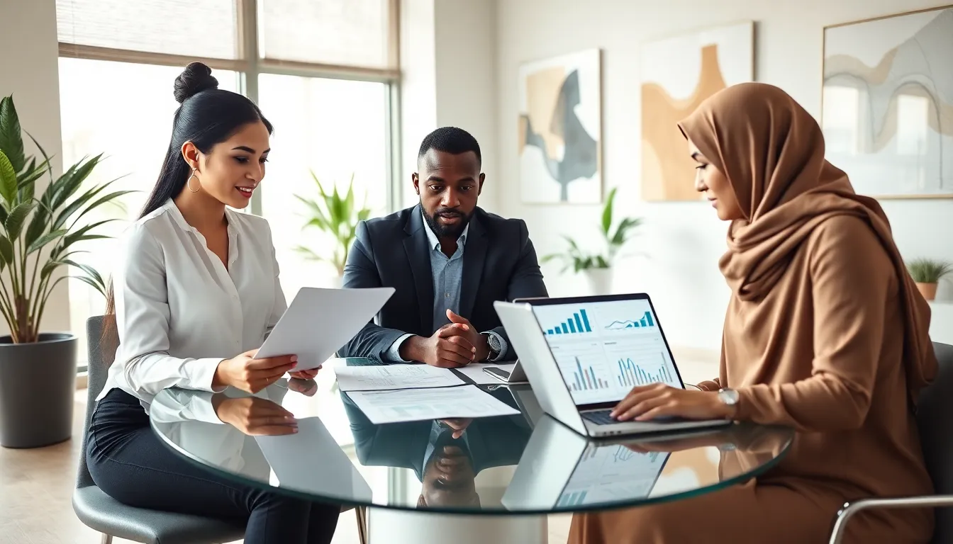diverse team discussing investment property financing in a modern office.