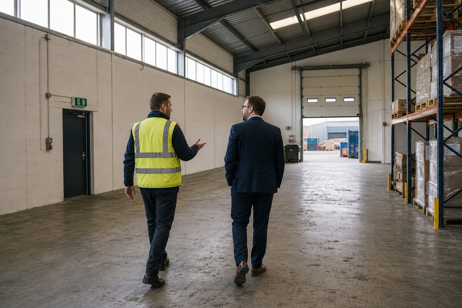 Client and mortgage adviser walking through a light industrial unit and inspecting the warehouse space.
