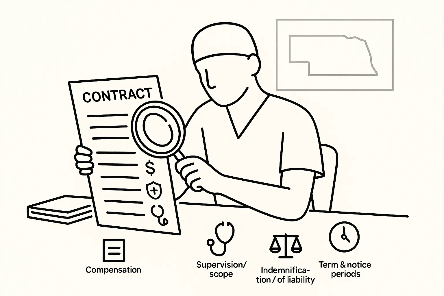 Physician Assistant at desk examining a contract with icons for key clauses.