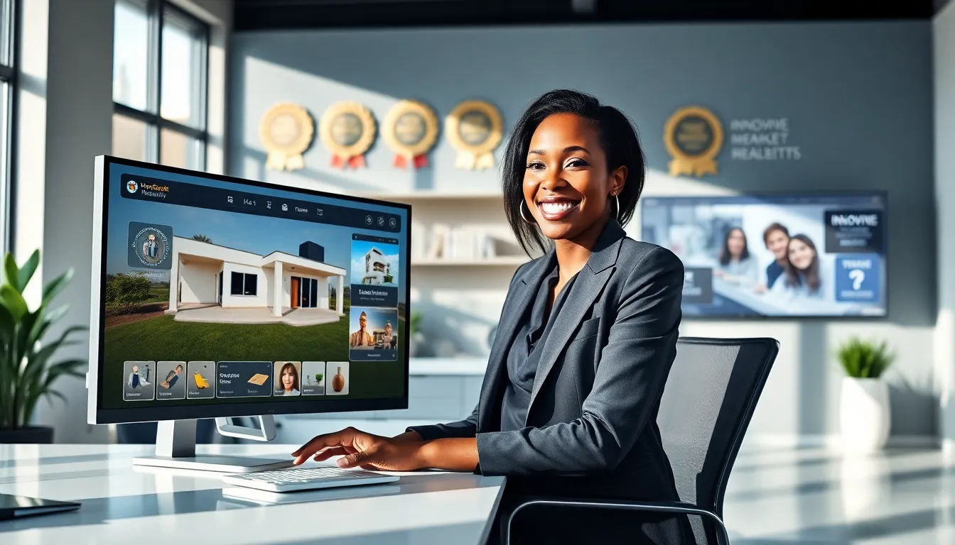 A woman using technology to showcase real estate options in a modern office.