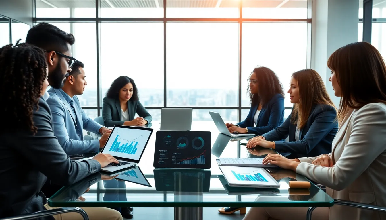 diverse professionals discussing Vfrcgjcnth in a modern office.