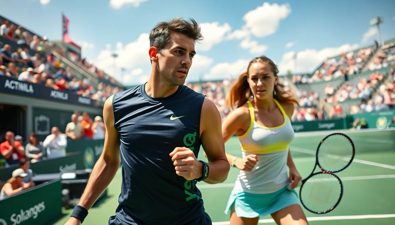 tennis players competing in a major tournament atmosphere.