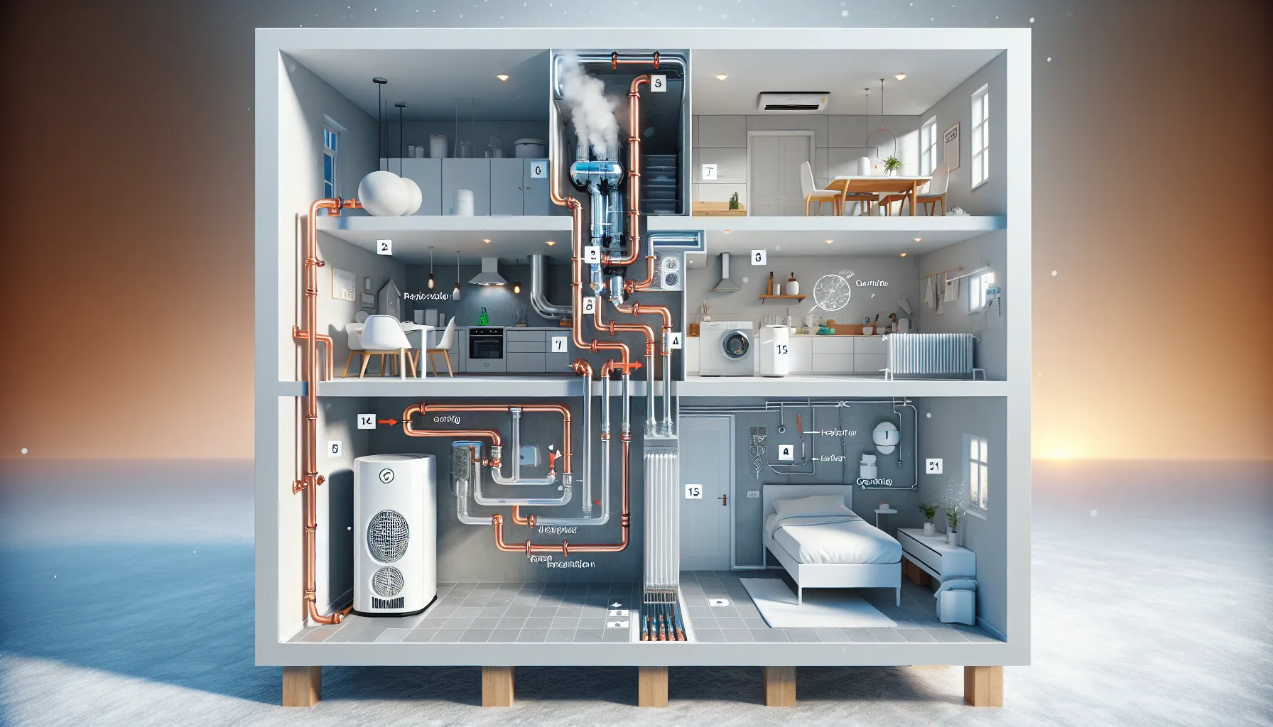 Cutaway norwegian home showing exhaust air heat pump recovering heat for water and heating.