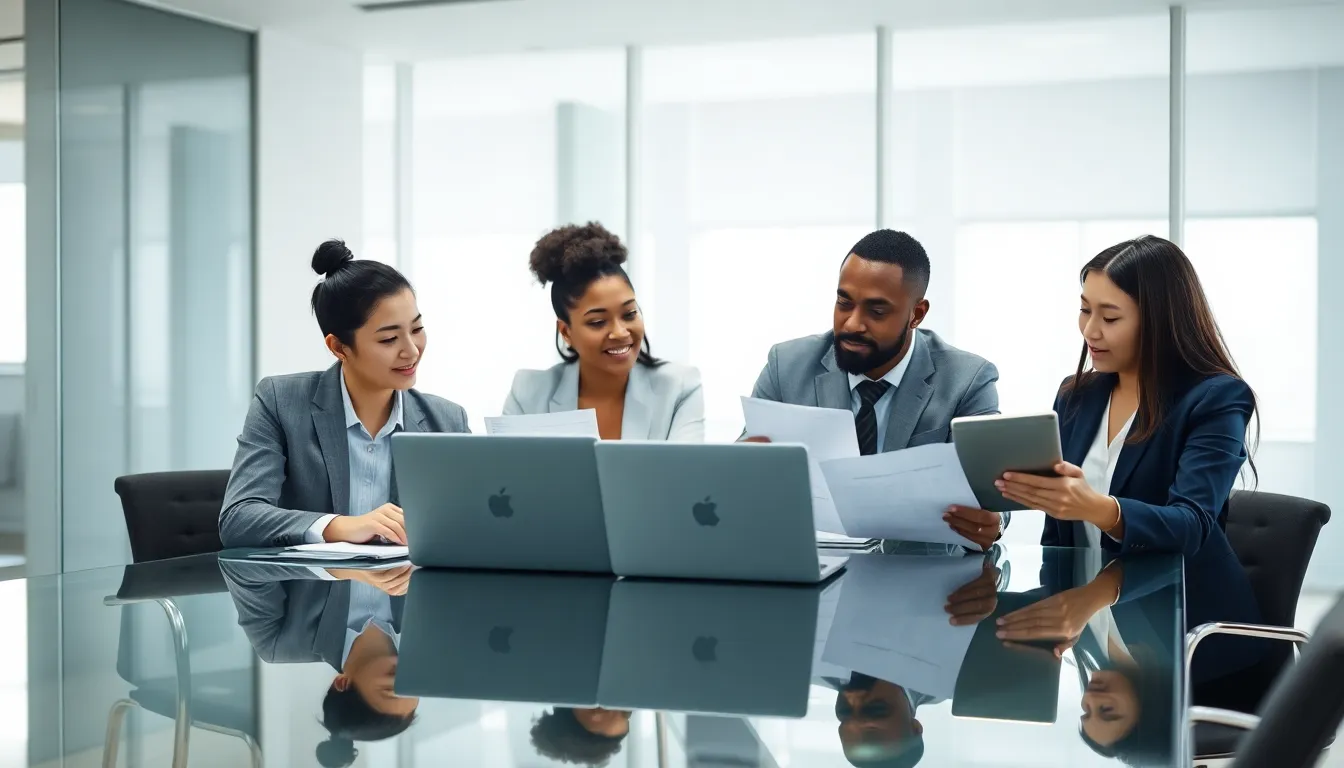 diverse professionals collaborating in a modern office setting.