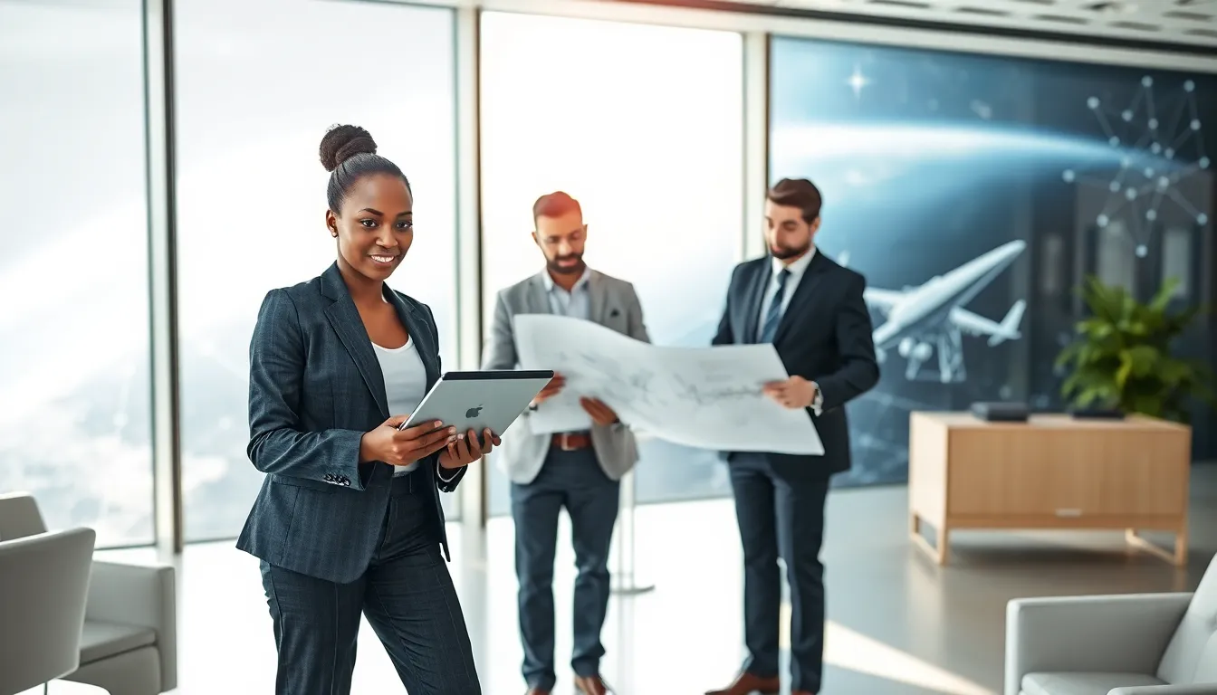 diverse team discussing space age technology in a modern office.