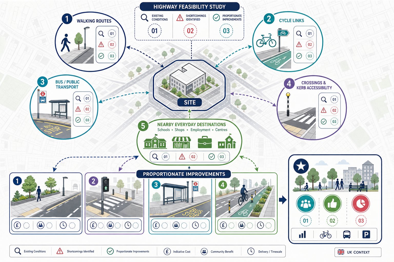 Infographic of sustainable travel links in a UK highway feasibility study.