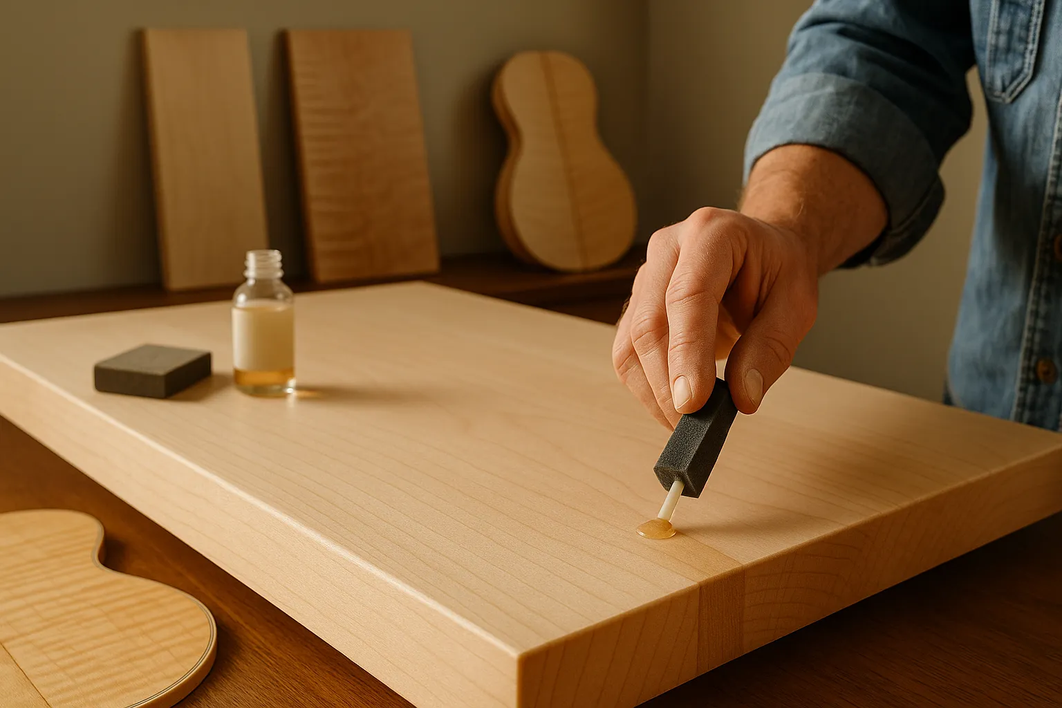 Close-up of a pale hard maple tabletop with a craftsman applying grain conditioner.