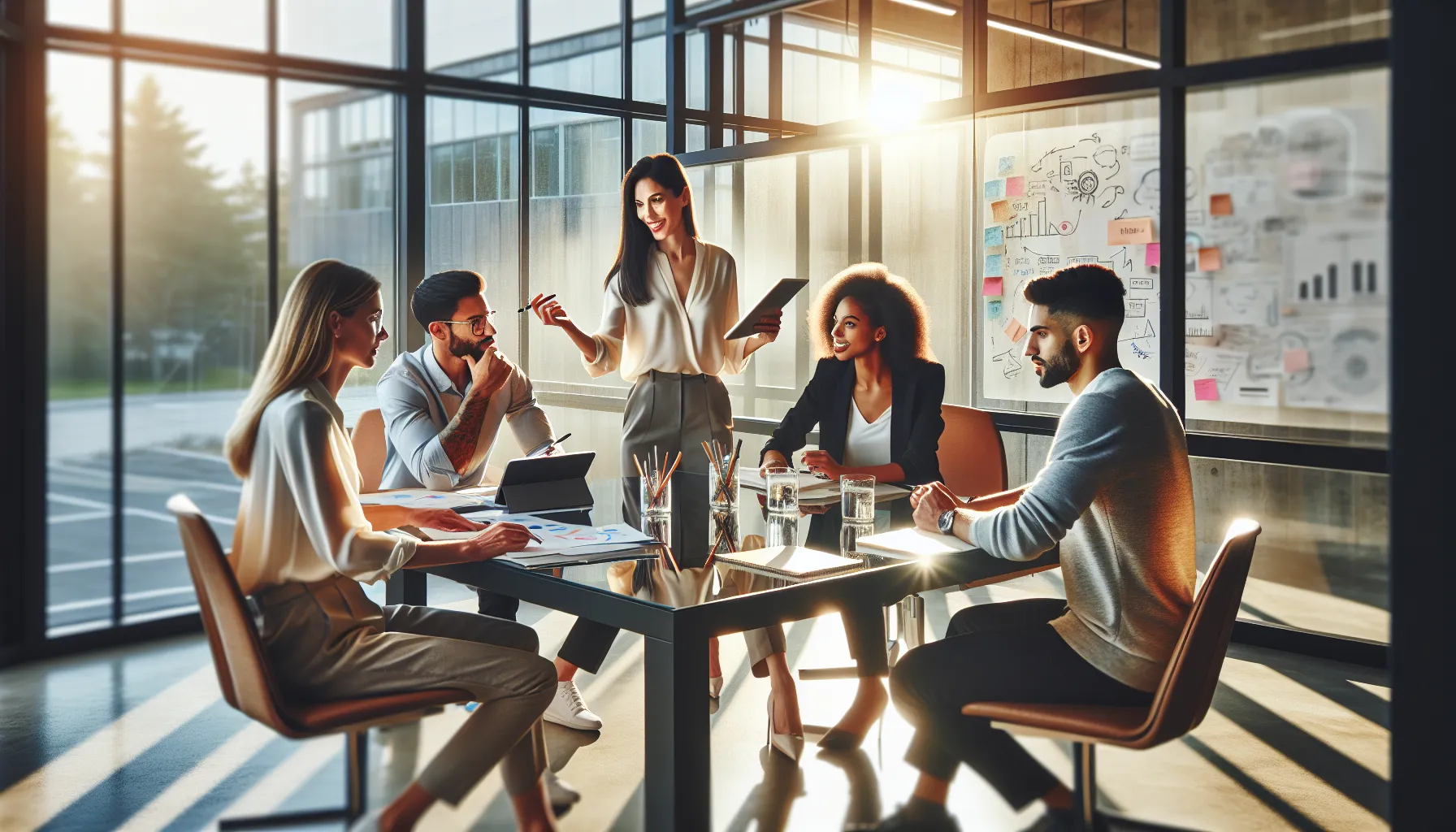 diverse team engaging in creative brainstorming in a modern office.