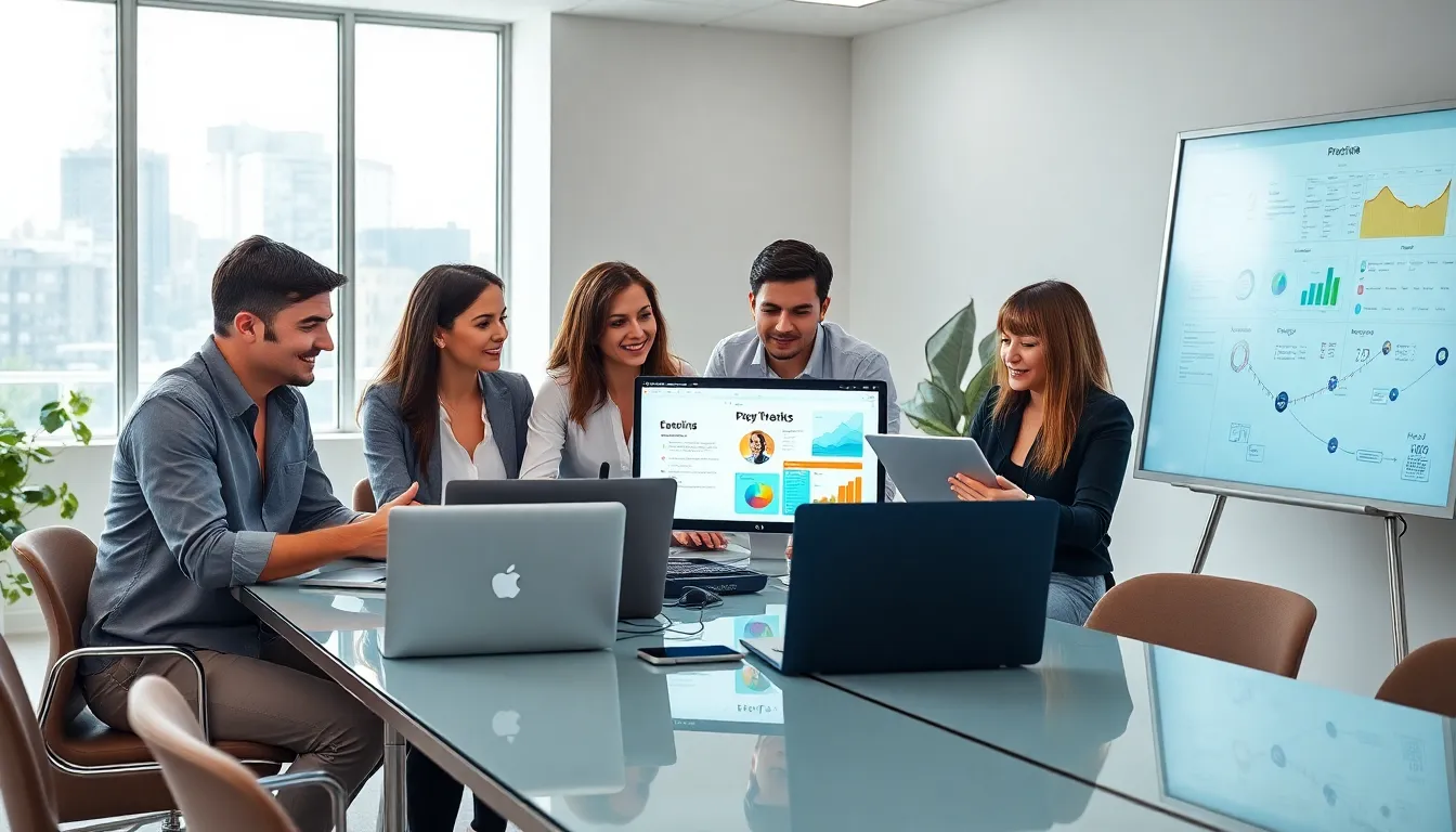 diverse team collaborating with digital tools in a modern office.