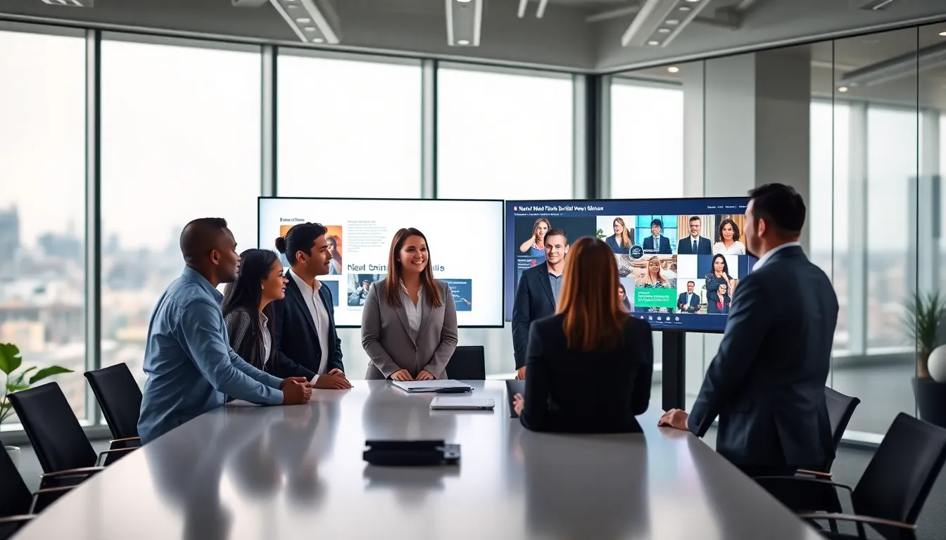 diverse team discussing a social media news release in a modern office.