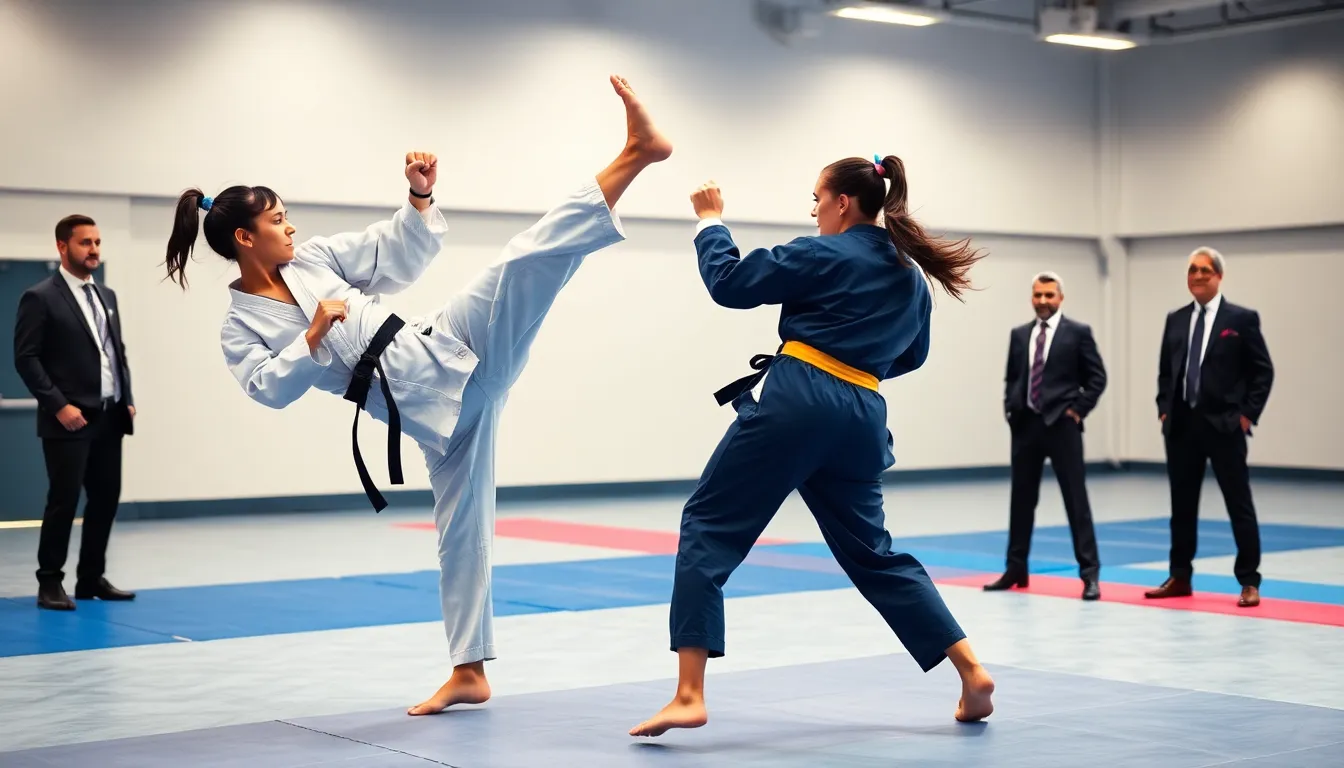 two female taekwondo athletes engaging in a competitive bout.