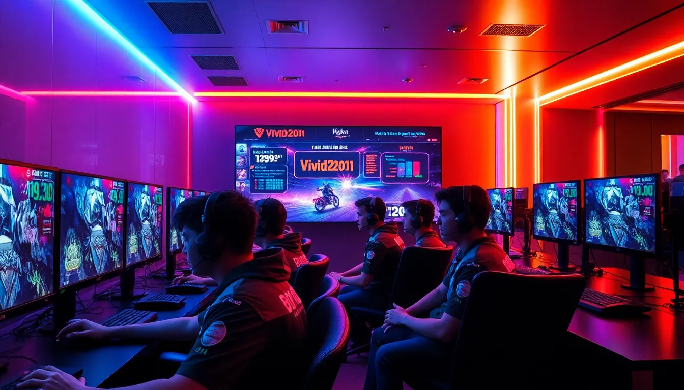 diverse gamers focused on screens in a high-tech gaming lounge.