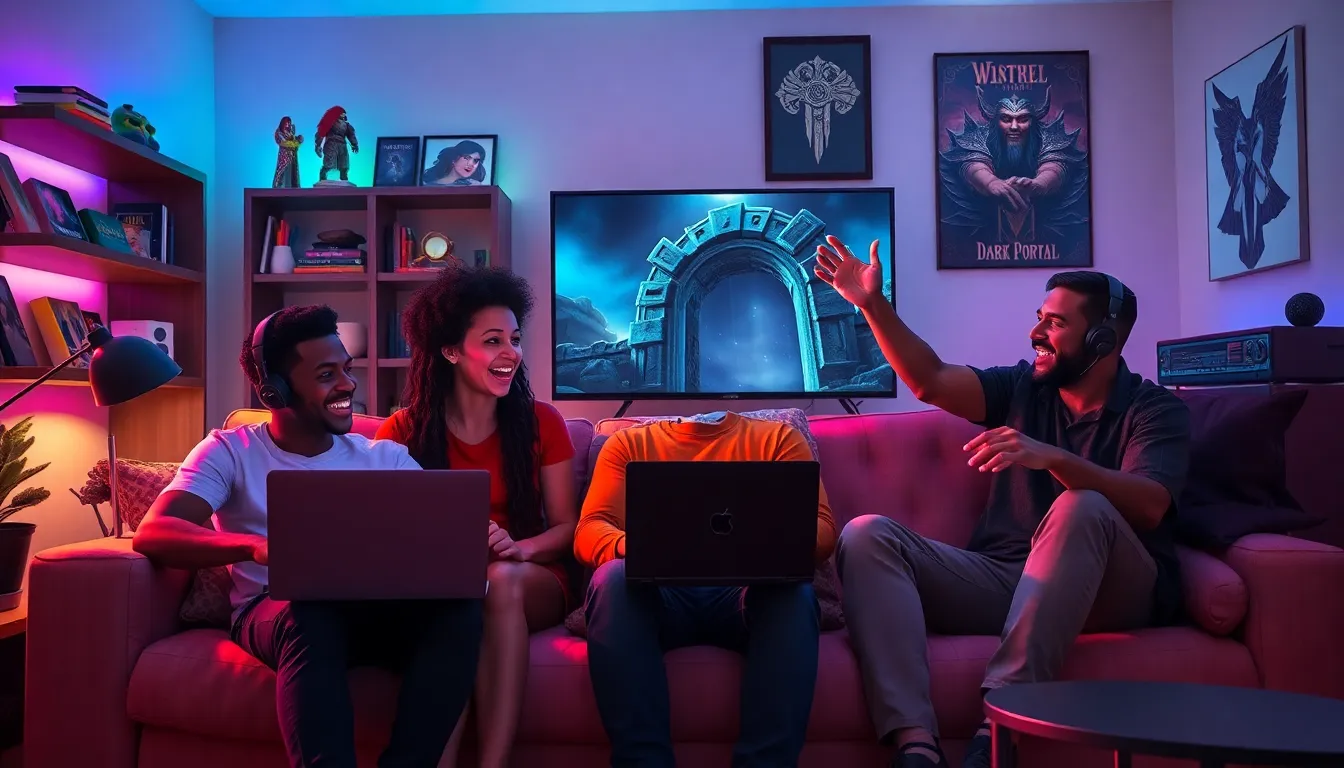 diverse gamers enjoying World of Warcraft Classic in a modern gaming room.