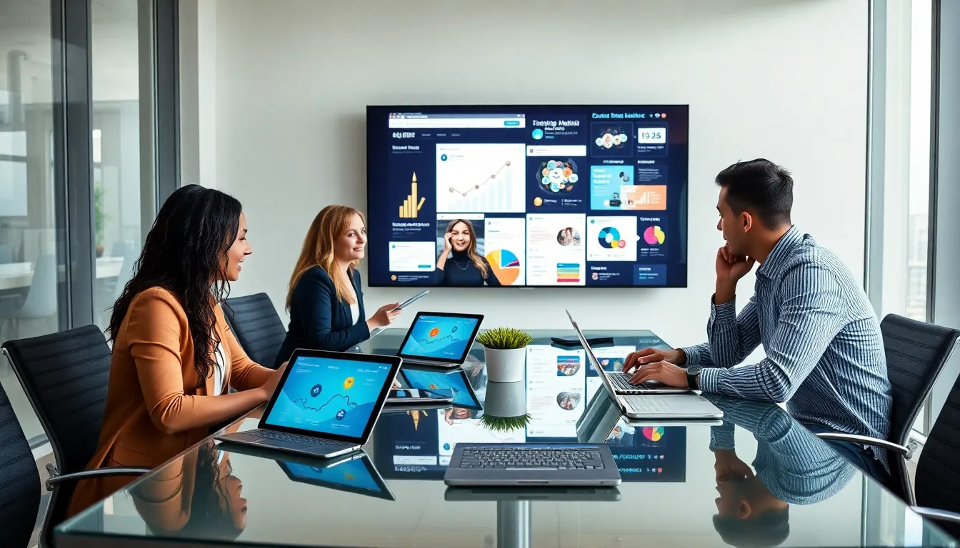 diverse team discussing social media marketing in a modern office.