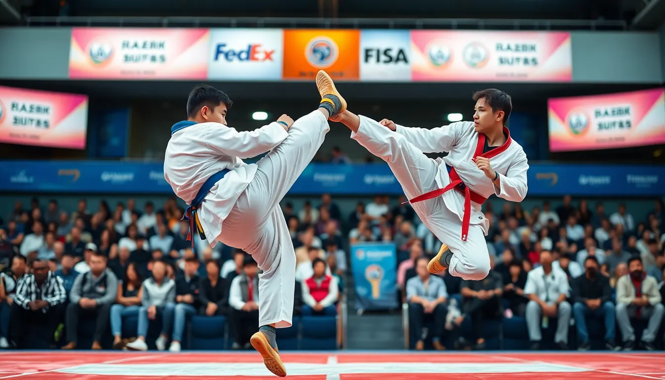 two taekwondo athletes competing in a lively arena.