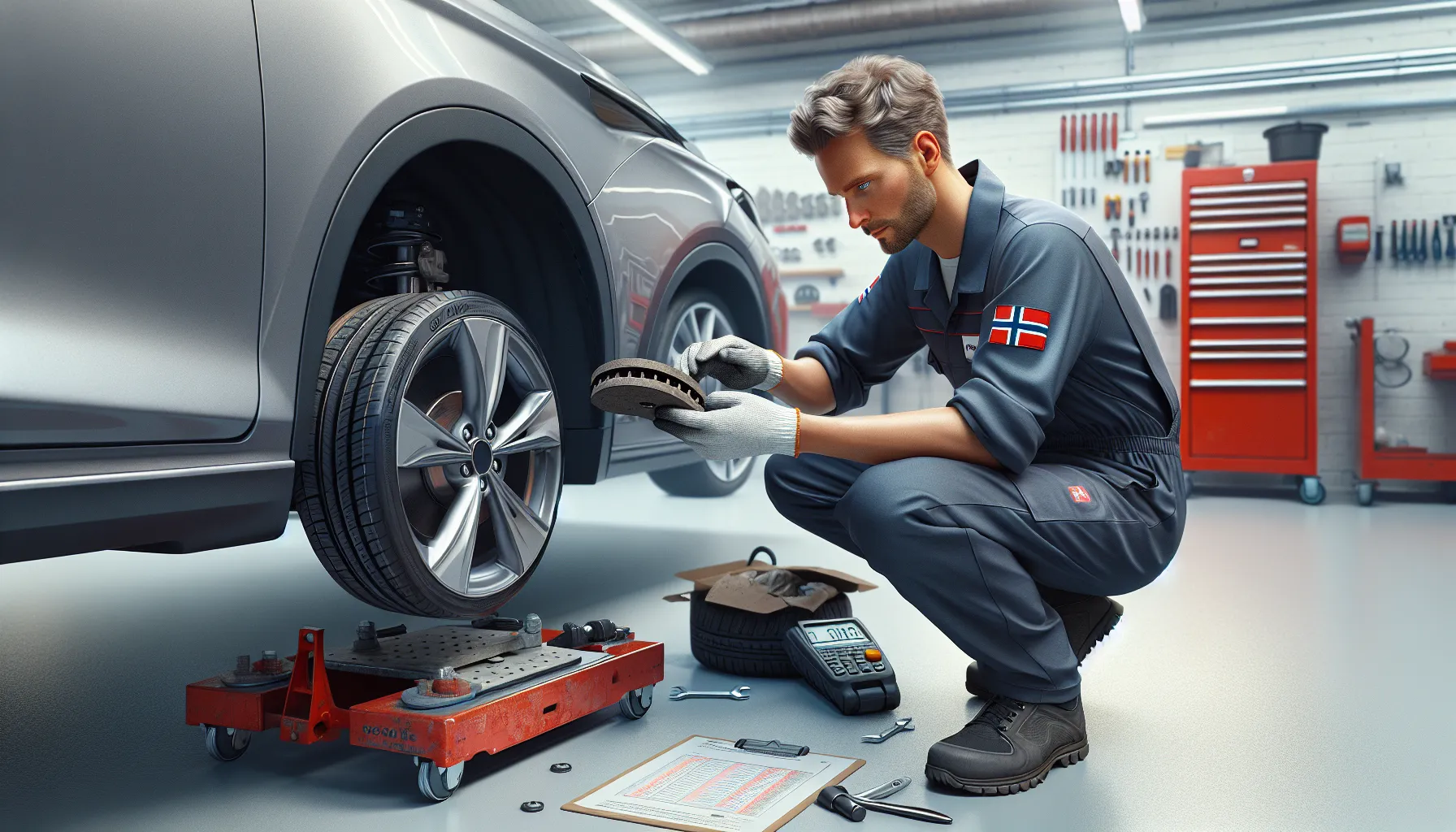 Når bør du bytte bremseklosser? Tegn på slitasje du må kjenne til 2 Mechanic measuring worn brake pad thickness on a car in a norwegian workshop.