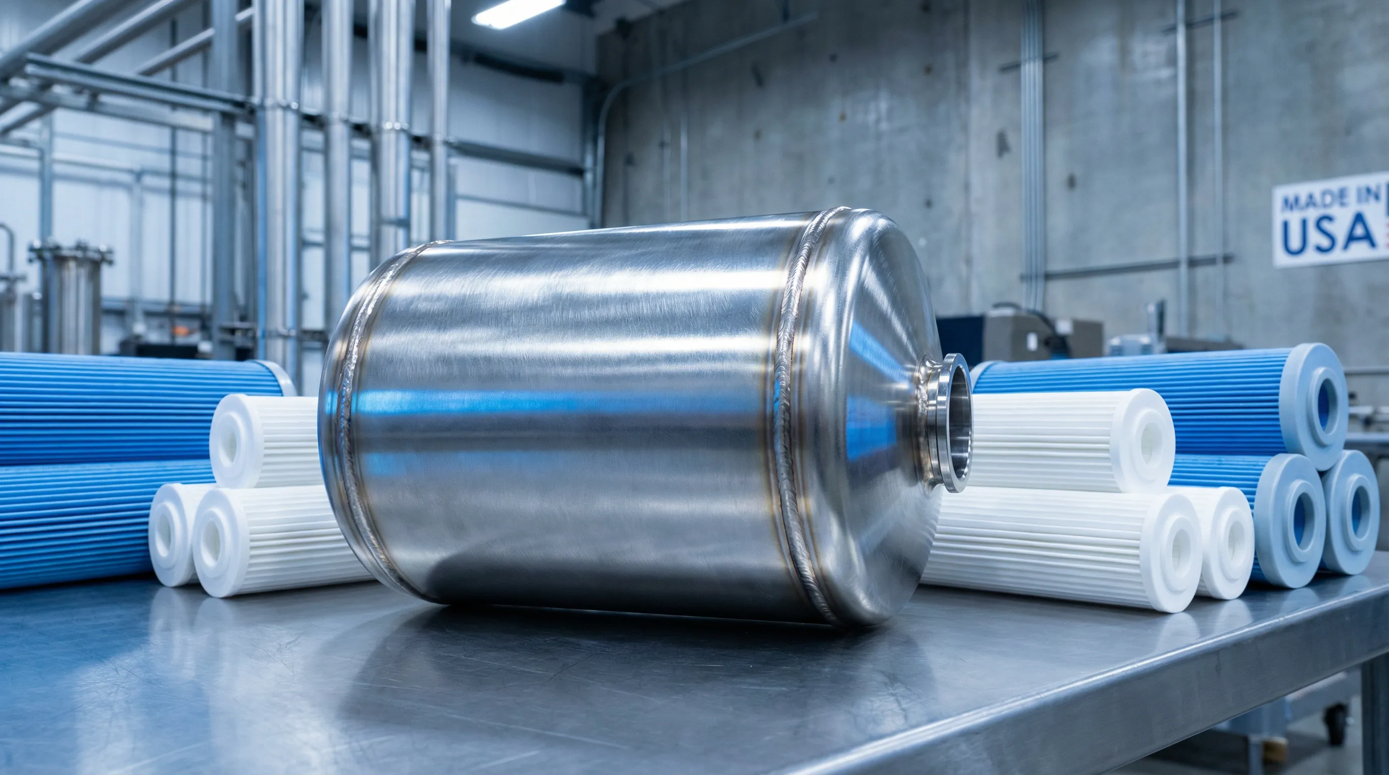 stainless steel filter housing and cartridges in a modern industrial setting