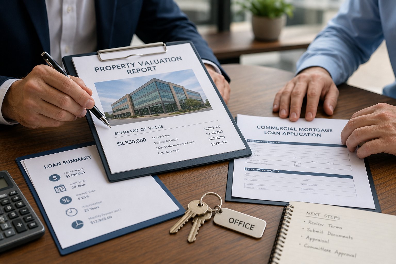 Close-up of hands reviewing commercial mortgage paperwork with property keys on a meeting table.