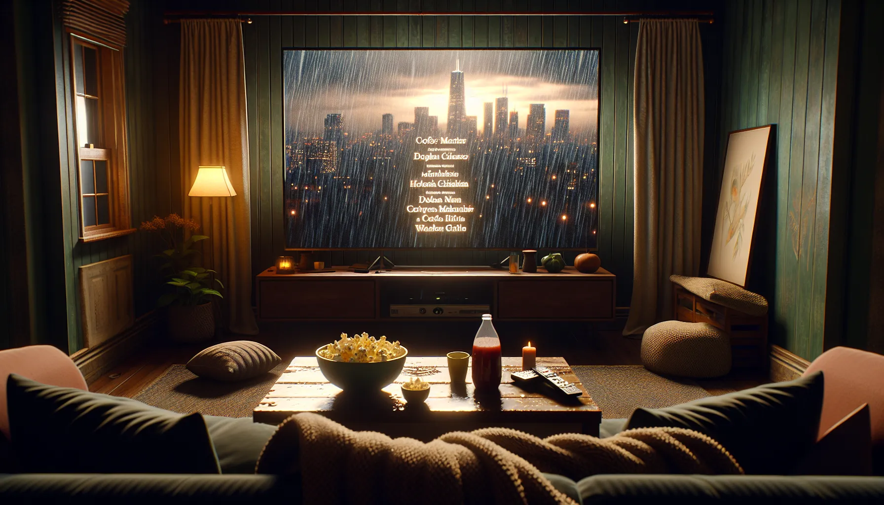 A living room showing the ending scene of a television program on a flat-screen TV.