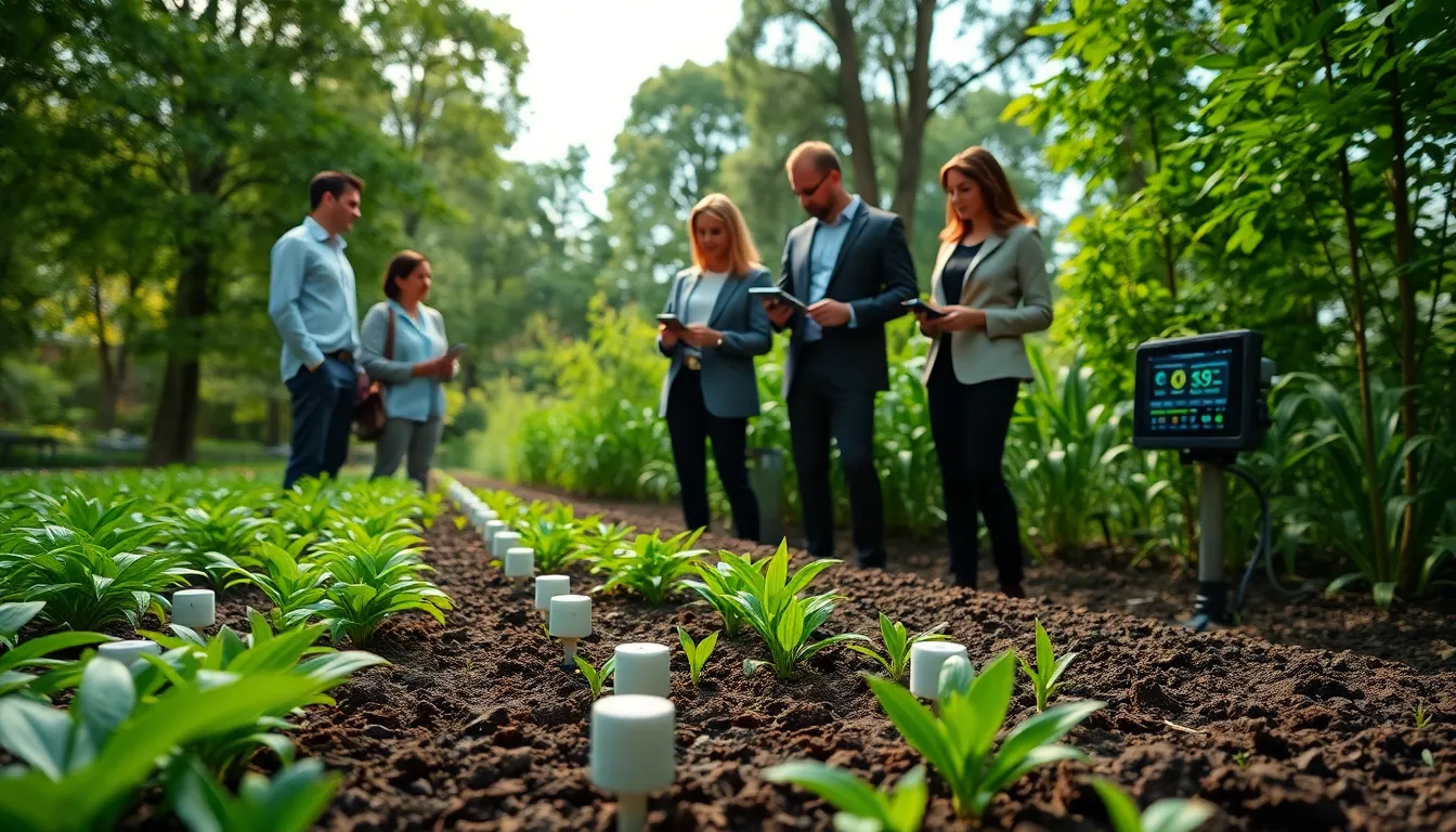 professionals discussing smart irrigation technology in a garden setting.