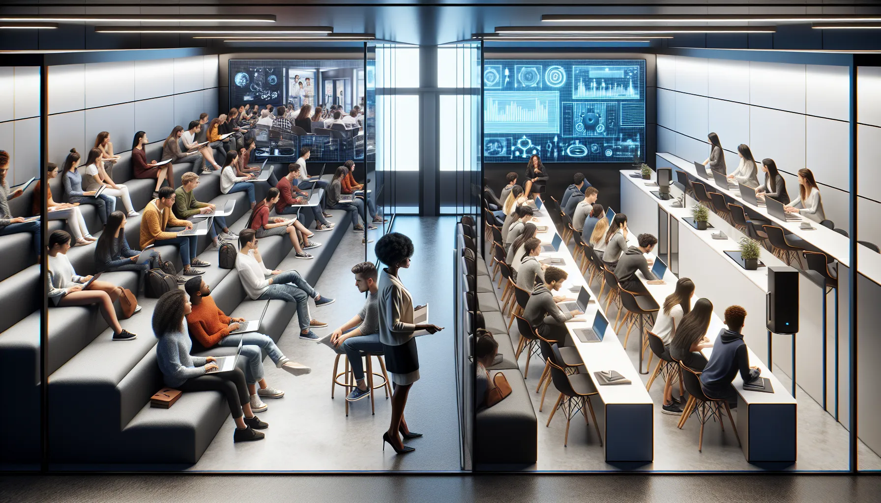 A university setup with students in a lecture and a practical workshop setting.