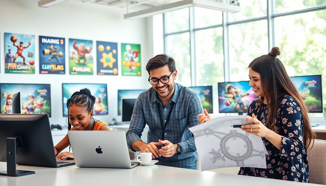 a diverse team of game developers working in a modern office.