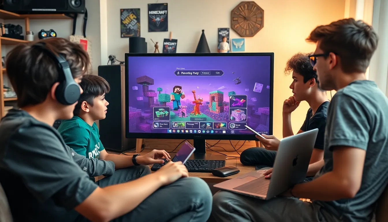 group of gamers discussing Minecraft hacking strategies at a modern setup.