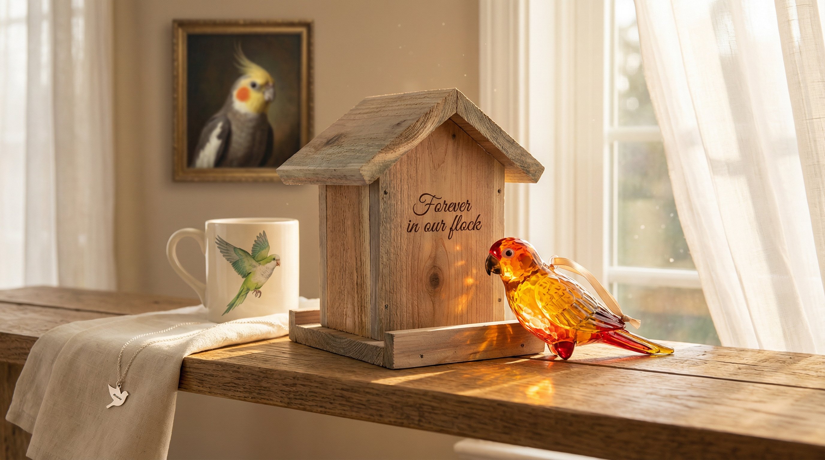 Personalized bird gifts displayed on a sunlit shelf including a memorial feeder and glass ornament.