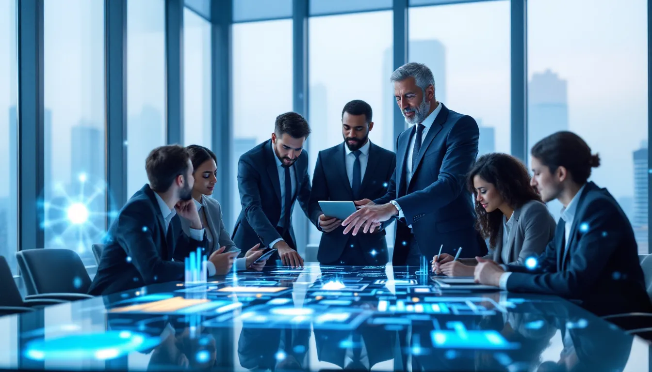 Diverse executives collaborating around AI dashboards in modern corporate boardroom.